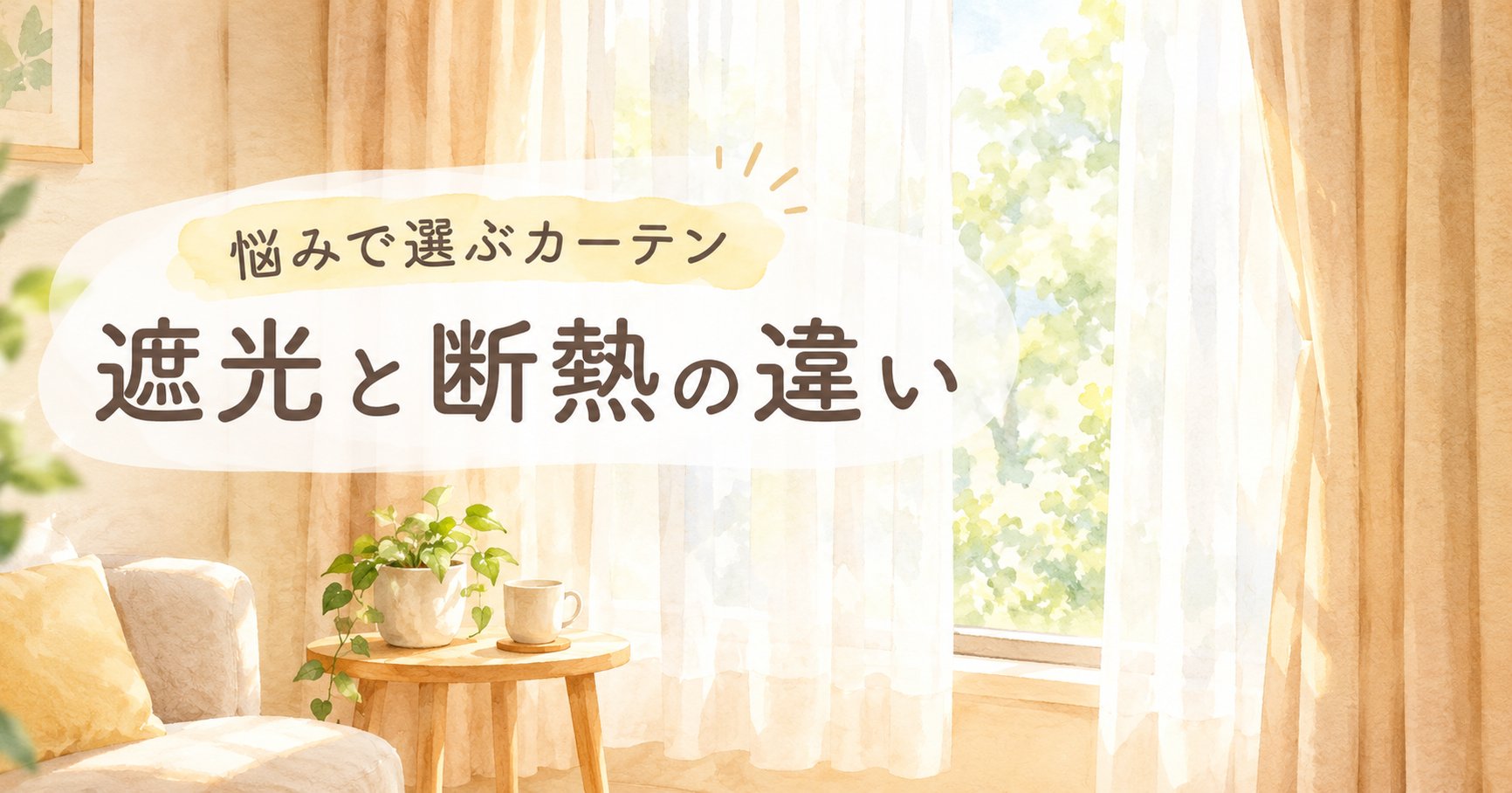 窓辺にカーテンがかかり、やわらかい光が差し込む部屋のイラスト