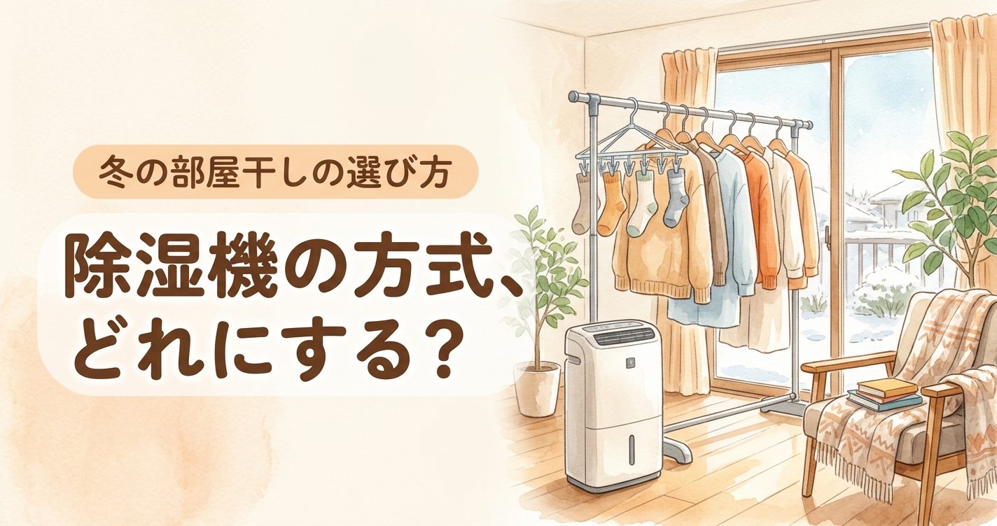 冬の部屋で洗濯物を室内干ししている横に、除湿機が置かれた水彩風のイラスト
