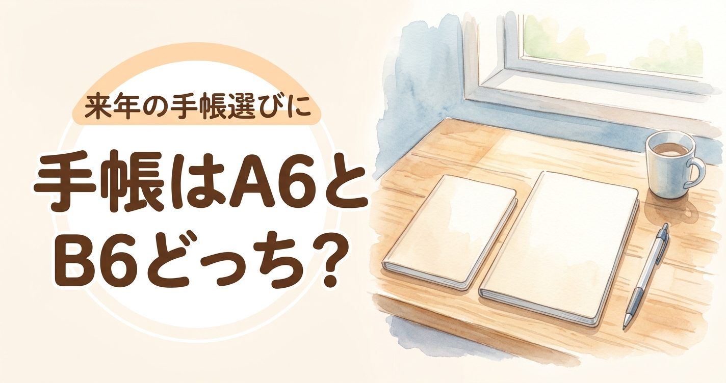 来年の手帳を選ぶ、A6とB6の手帳が並んだ水彩風のイラスト